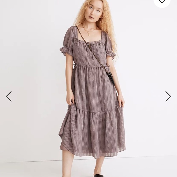 Square-Neck Tiered Midi Dress in Textured Seersucker - Picture 1 of 4